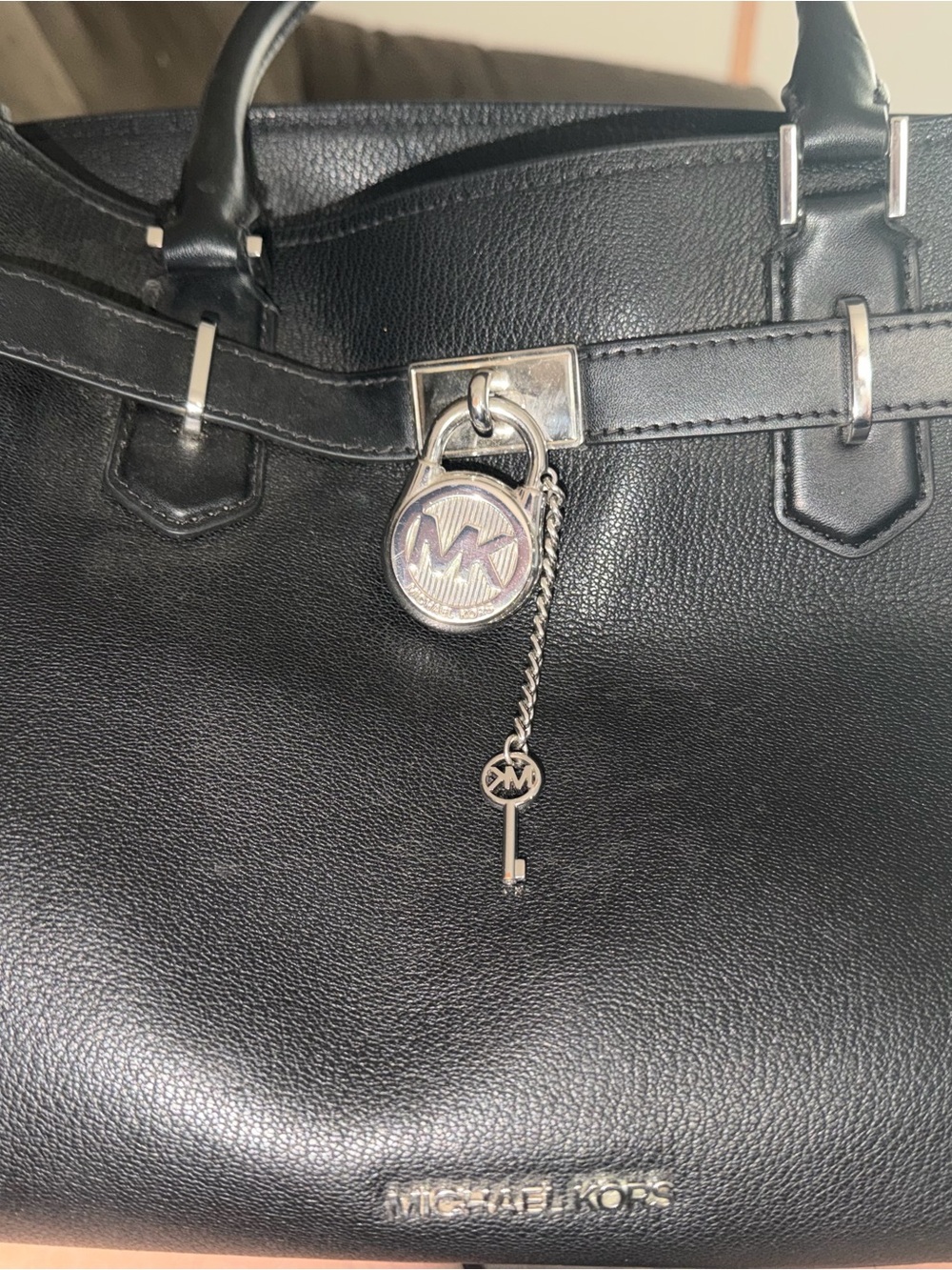 Michael Kors Black Leather Tote with MK Key Charm